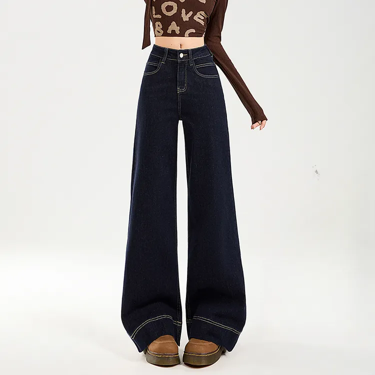 防褪色丹宁蓝美式宽松阔腿牛仔裤女弹力慵懒微喇拖地显瘦牛仔裤