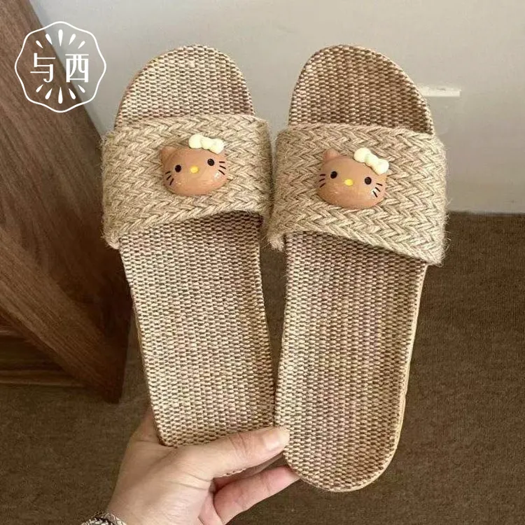 YUXI/与西韩系可爱HelloKitty亚麻拖鞋旅游度假沙滩透气防滑拖鞋