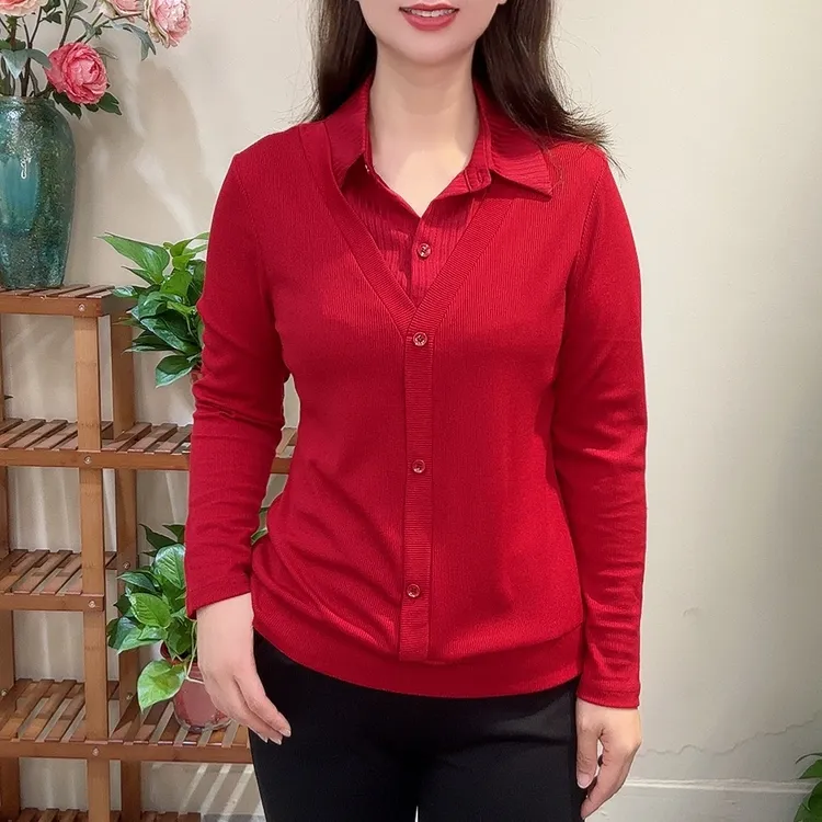 8852长袖打底拼接女装衬衣时尚翻领适中衬衫秋季