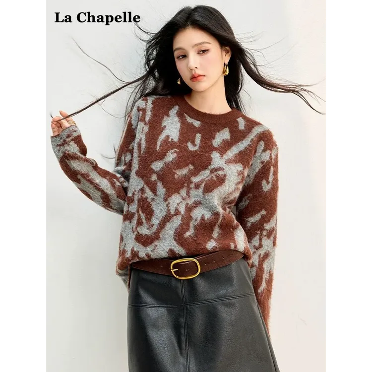 拉夏贝尔针织毛衣新款2025秋冬季宽松复古显瘦提花圆领针织衫上衣