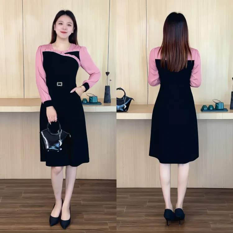 百花果2026早春新款显瘦假两件大码女装连衣裙高端气质中长裙修身