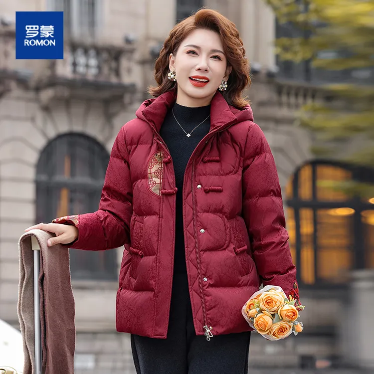 罗蒙羽绒服女装2025年秋冬新款中老年加厚短款连帽妈妈装保暖外套