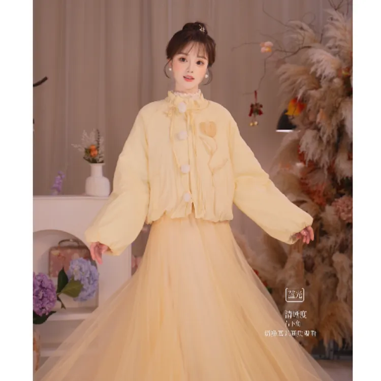 瑶西【黄郁金香】冬季立体毛球郁金香外套加绒半身纱裙国风原创套装