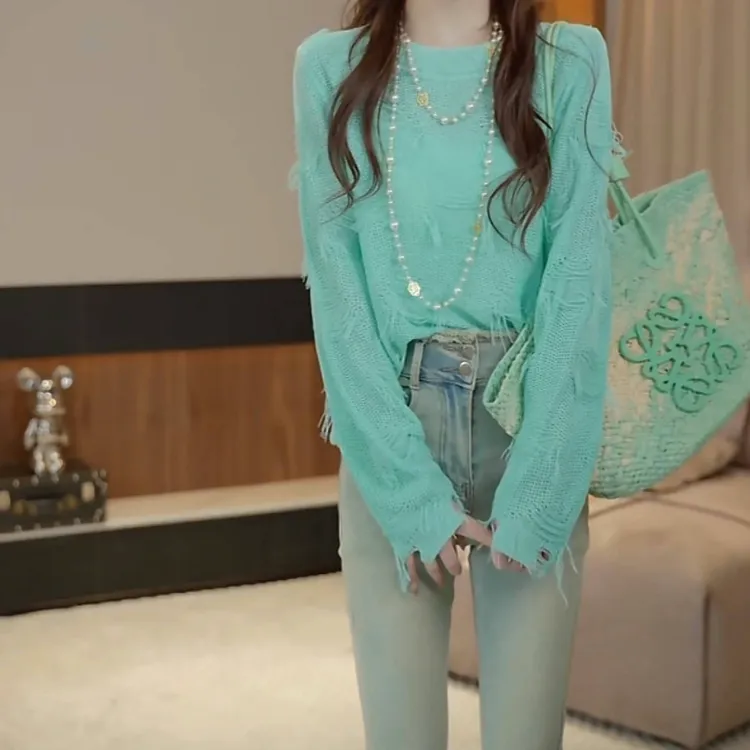 设计感宽松流苏磨破打底衫女2025新款春季时尚纯色长袖针织衫上衣