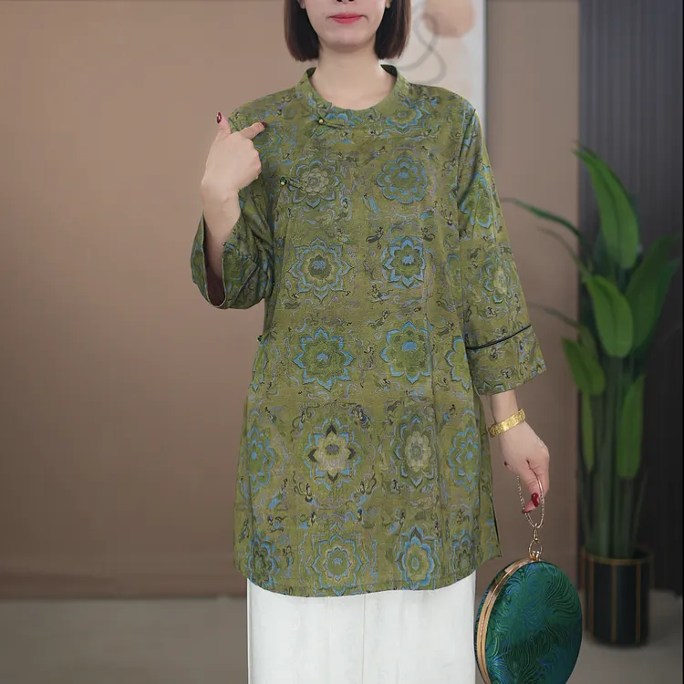 【百丝】新中式满分老料薯云砂新款中长袖上衣7960