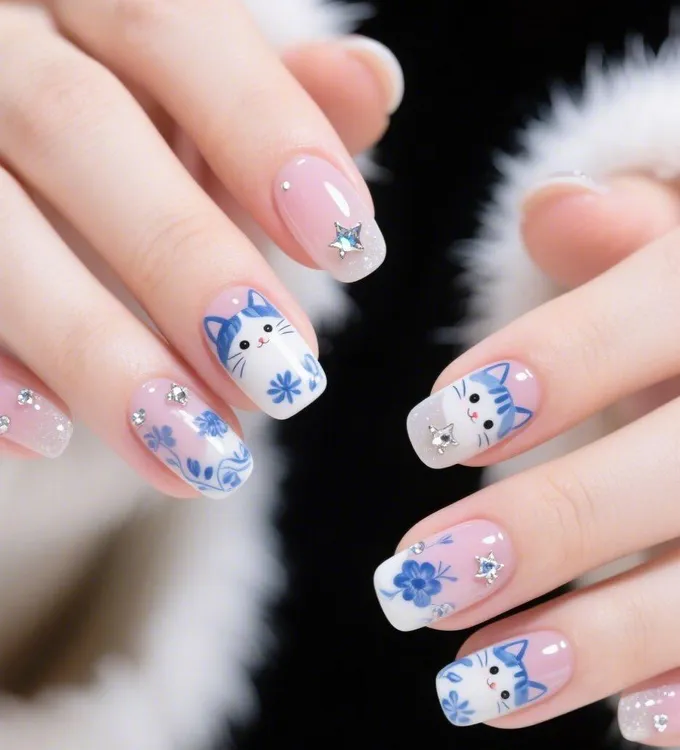 青花瓷KT猫咪卡通法式星星美甲可拆卸手工穿戴甲显白学生款穿戴式