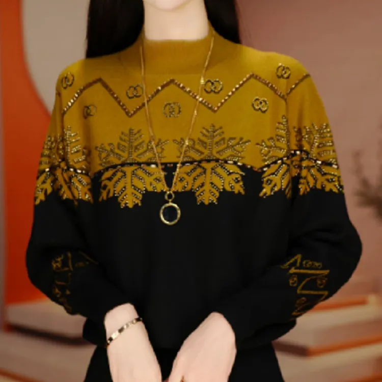 设计感镶钻半高领中年女士百搭套头针织打底衫洋气显瘦撞色上衣