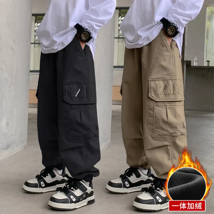 男童秋冬加绒工装裤2025新款中大童宽松韩版长裤儿童休闲束脚裤潮