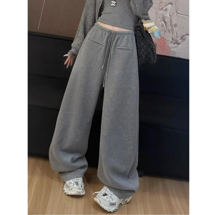 慵懒感百搭灰色松紧腰设计感显瘦休闲卫裤秋季新款阔腿运动长裤子