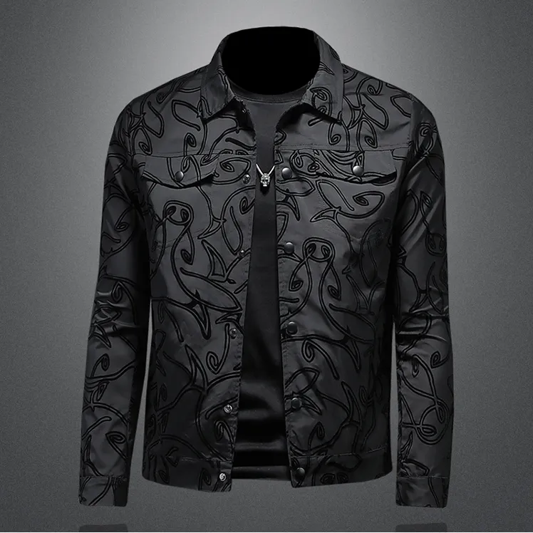 荷波撒纳温秋季提花翻领夹克时尚百搭印花休闲外套男士修身上衣