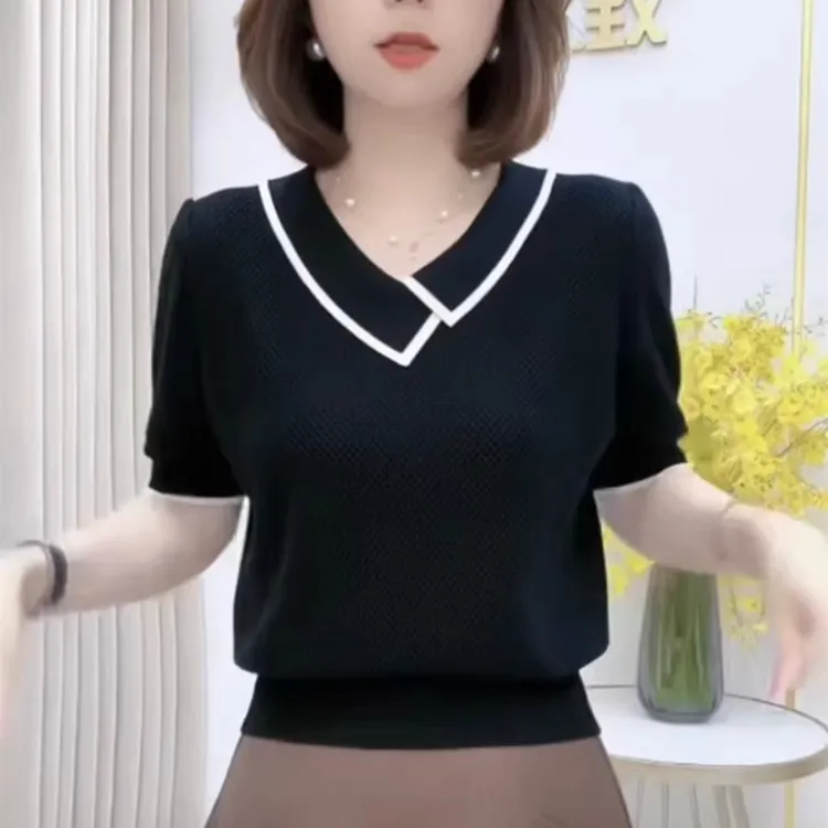 夏秋季新款短袖宽松洋气气质t恤女士V领针织衫显瘦百搭爆款上衣潮