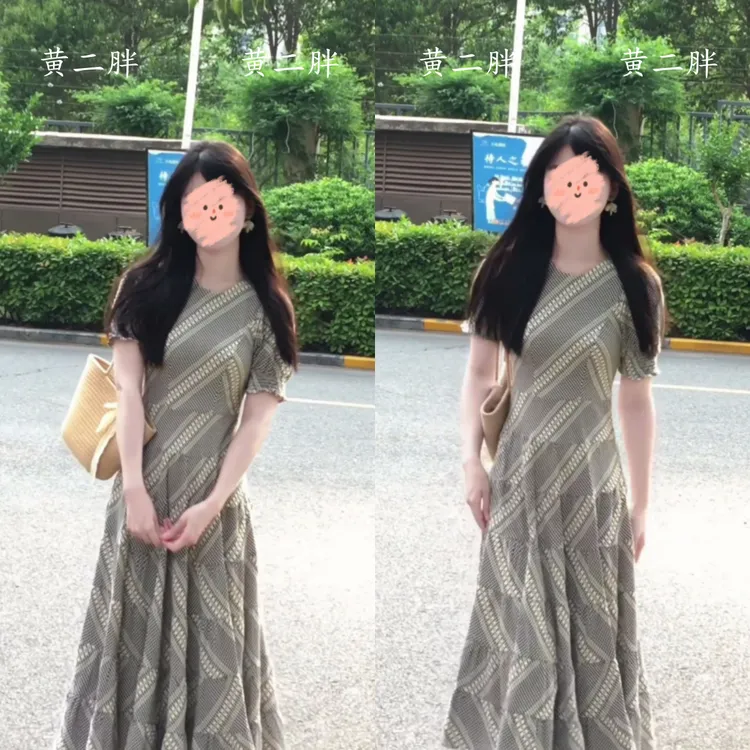 法式黑白格子圆领连衣裙女气质收腰显瘦长裙a字大裙摆2025夏新款