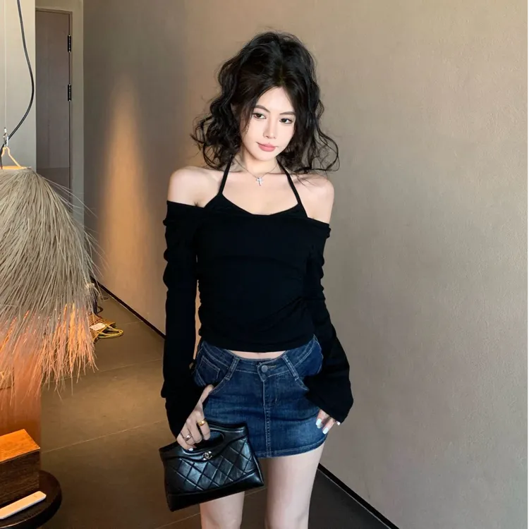 纯欲长袖t恤女春夏季2025新款黑色性感内搭打底修身显瘦辣妹上衣