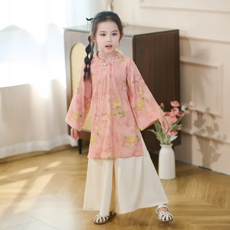 中式童装女童汉服 无袖碎花旗袍配纯色阔腿裤 夏季古风套装