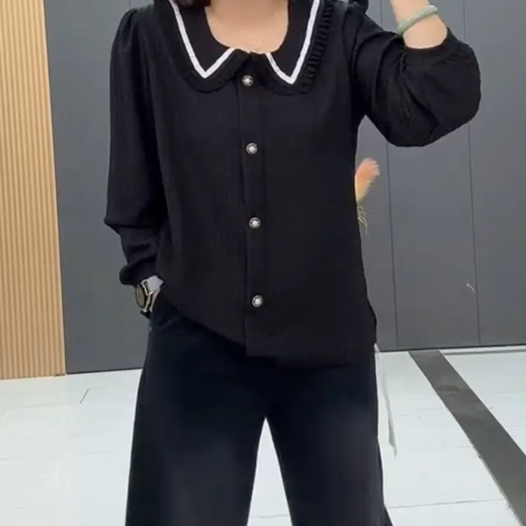6925-早秋大码娃娃领压褶大码时尚显小衫