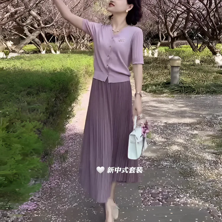 夏新中式薄款针织衫女开衫短袖中长款垂感高腰A字百褶半身裙洋气