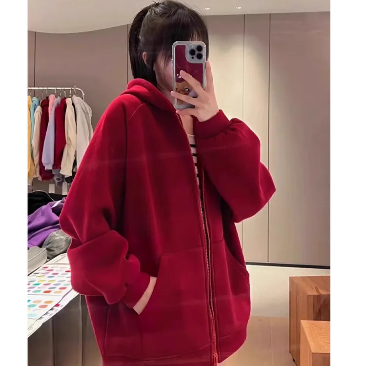 酒红色卫衣外套女款秋装2025新款韩系秋季穿搭连帽上衣多巴胺套装