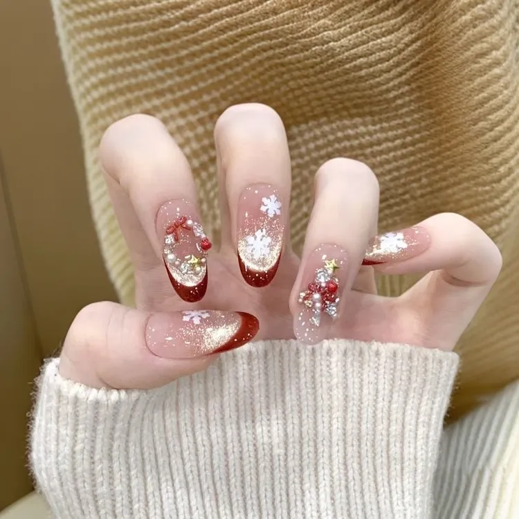  新款圣诞爆款法式纯手工美甲高级穿戴可拆卸气质腮红美甲穿戴甲