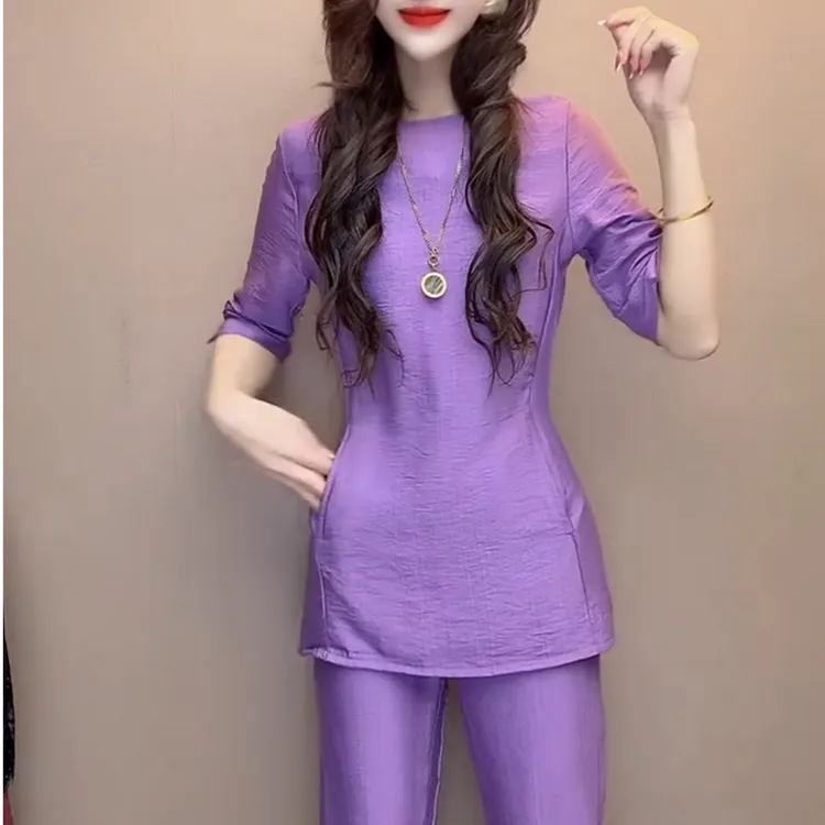 2025韩版新款圆领开叉显瘦百搭修身中长款上衣套装女