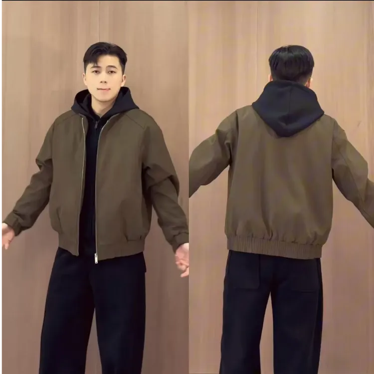 拼接设计感假两件连帽加厚外套棉服男款冬季加绒保暖黑色棉衣夹克