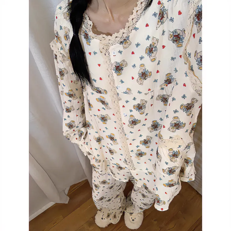 【可爱小熊】韩版蕾丝花边睡衣女套装夏季网红新款长袖长裤家居服