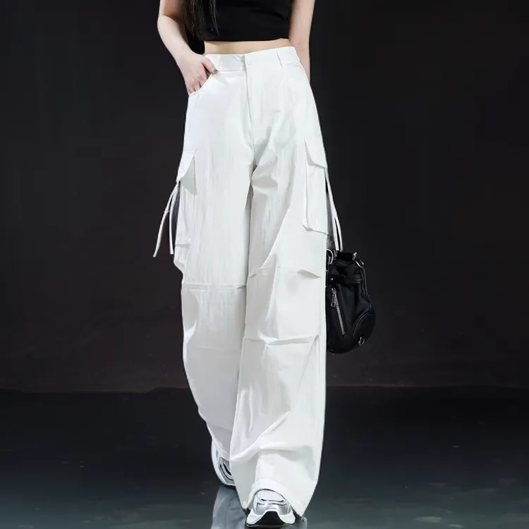 速干运动裤女夏薄款清爽水洗棉白色女裤子2025新款工装裤降落伞裤