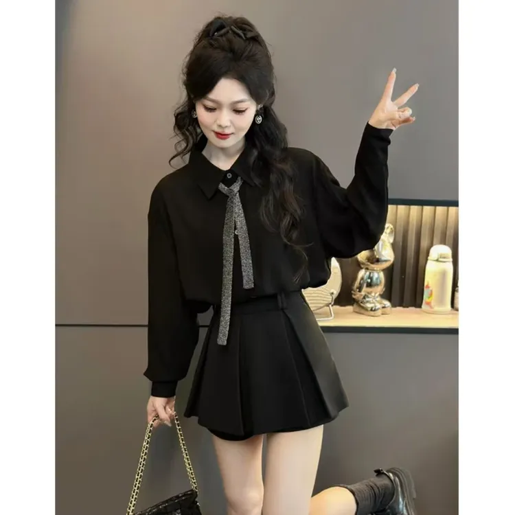 法式长袖黑色衬衫女2025春季新款时尚宽松显瘦高级感别致上衣