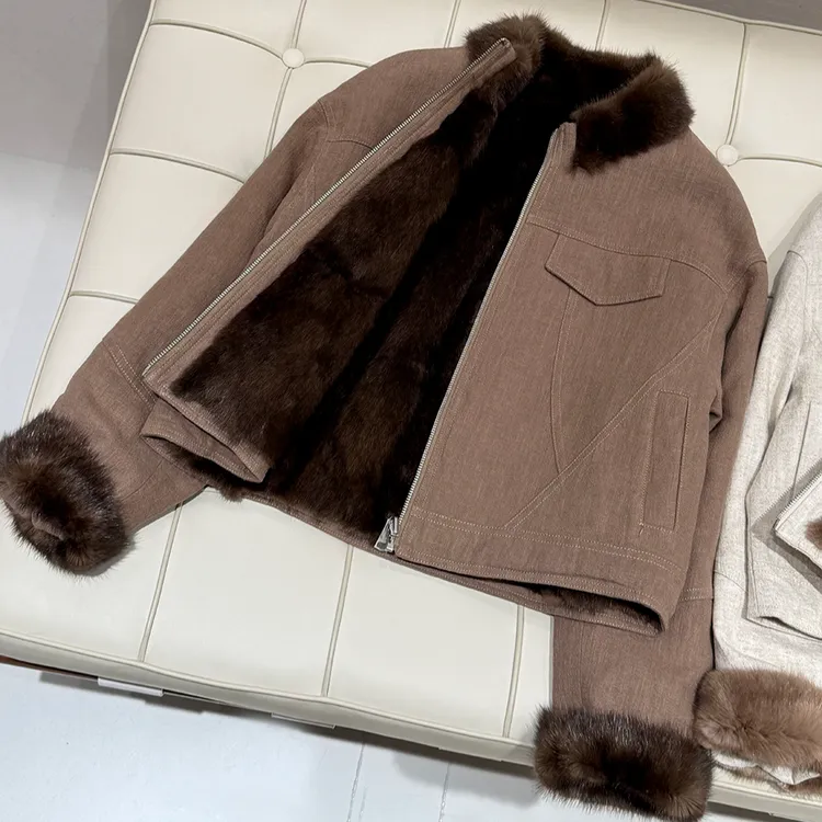InMax苎麻短款皮草外套女青根貂毛领内里派克服长袖正反两穿休闲