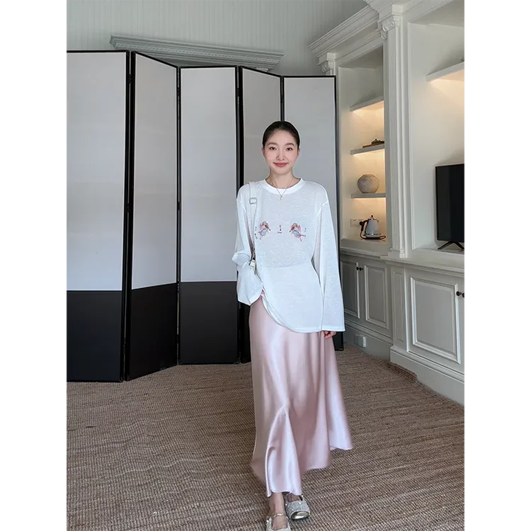 郭九九呢 棉质轻薄透气宽松印花长袖t恤温柔粉半身裙 G925Y13176