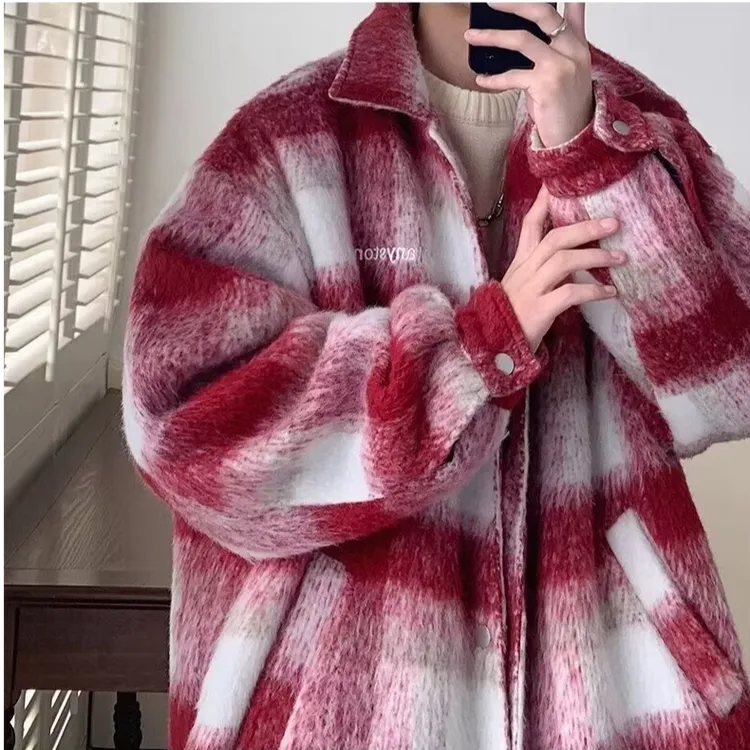 格子毛呢大衣男款秋冬季韩版潮流加厚呢子外套高级感痞帅宽松风衣