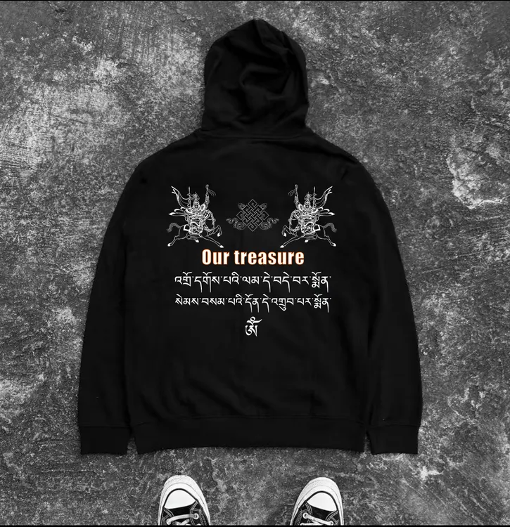 藏式潮牌轻奢服饰男女同款帽衫秋冬季藏文LOGO印花加绒连帽卫衣
