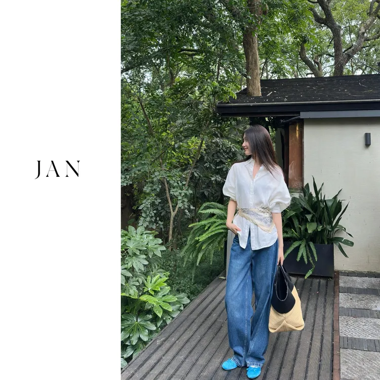 【JAN簡】斜纹弧形分割随性休闲宽松弯刀牛仔裤2025秋季新款JK004