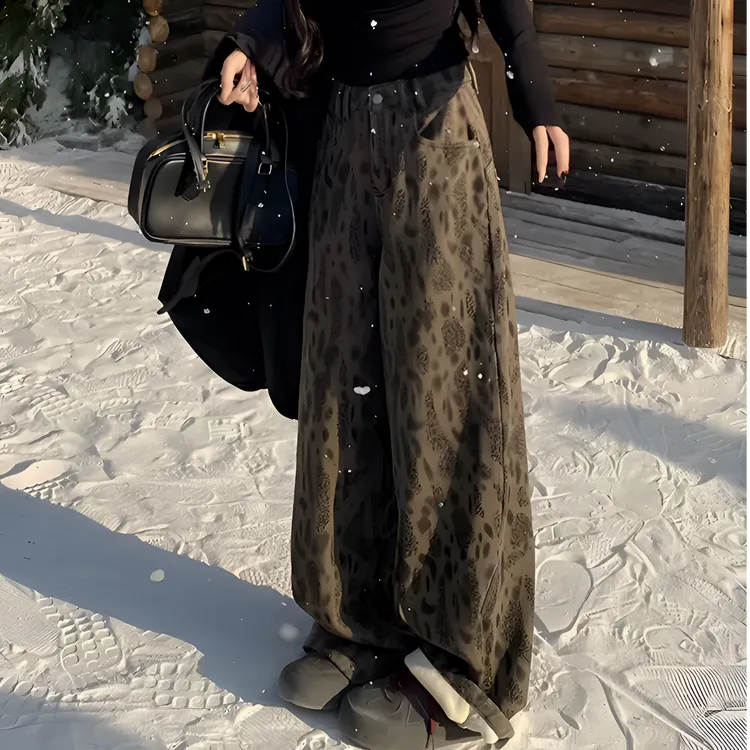 2025秋冬新款设计感美式加绒高腰显瘦修身豹纹拖地阔腿裤长裤子潮