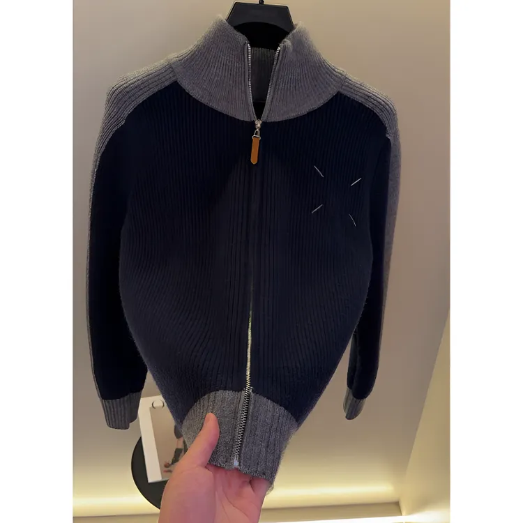 高档立领拉链针织开衫外套男士秋冬拼色时尚百搭毛衣男装ZFS25-2