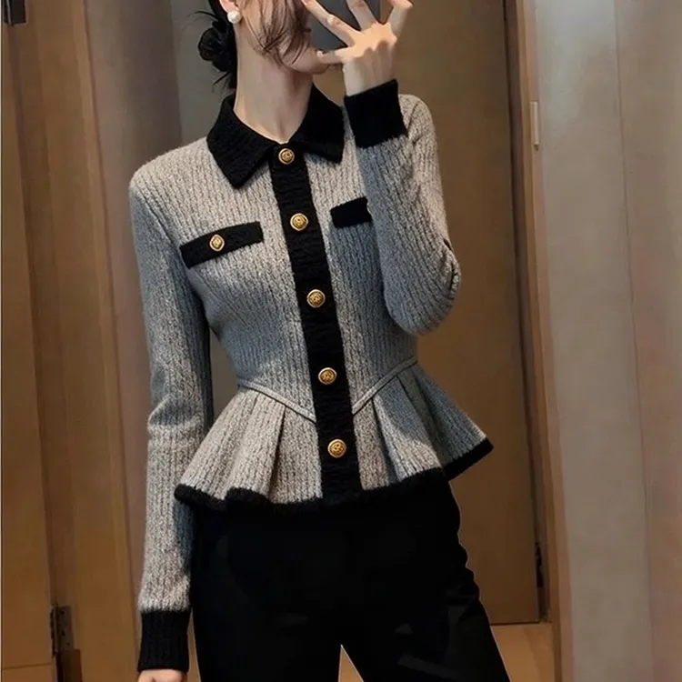 灰色拼接毛衣女秋冬季巨好看轻熟气质小众不撞款掐腰撞色针织外套