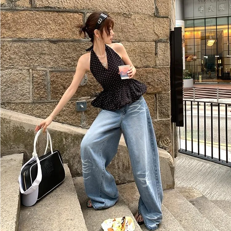 设计感气质辣妹波点裙摆挂脖背心夏季新款时尚性感百搭上衣女