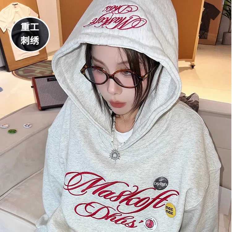 加肥大码300斤时尚刺绣连帽卫衣男士秋冬加绒加厚宽松显瘦外套女