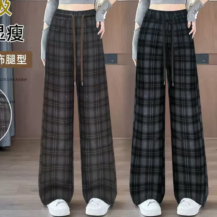 2025年秋款腰带直筒裤免烫处理格子休闲裤复古格子裤长裤韩版
