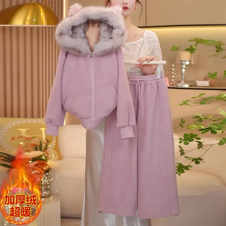 女童双面加绒外套卫裤套装2025新款秋冬加厚一体绒卡通卫衣阔腿裤