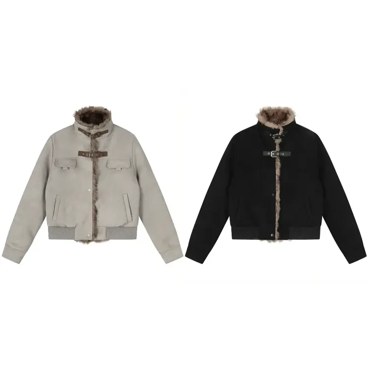 BVFEIED美式毛领拼接立领仿麂皮绒棉衣加绒加厚宽松夹克男女外套