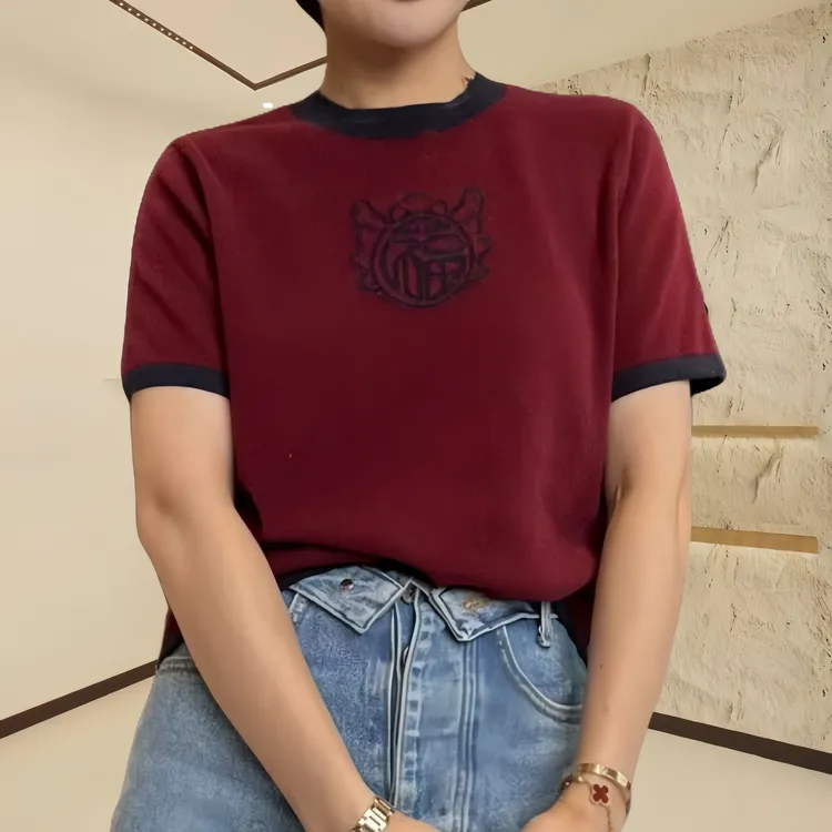早春气质撞色针织短袖2025新款圆领休闲百搭显瘦大码t恤上衣女士