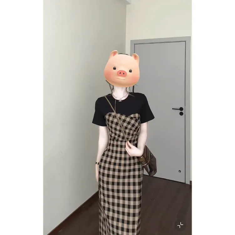 大码【黑巧摩卡】复古高级感拼接格子连衣裙洋气法式设计感小众裙子