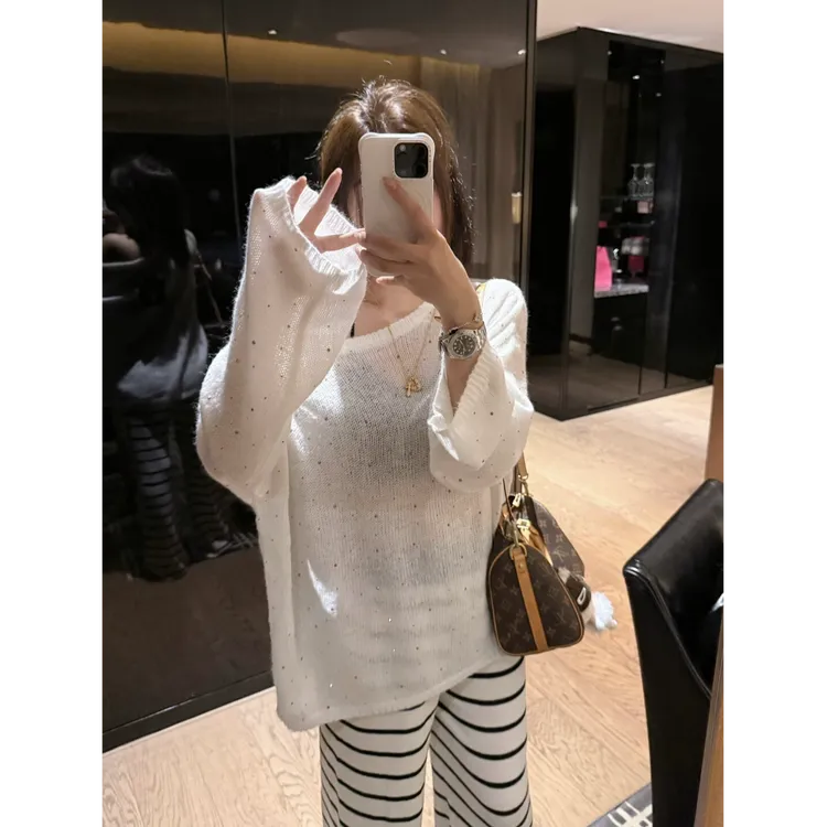 遛弯组合 爆闪镶钻薄款微透长袖毛衣+显瘦直筒拖地条纹裤套装女