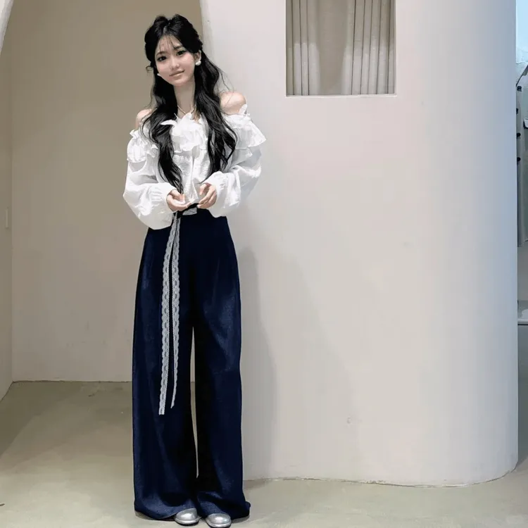 MARIE.COCO春季新款法式度假风花瓣一字领衬衫小衫女阔腿裤两件套