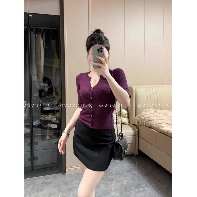芯娇晴春秋气质v领紫色中袖针织开衫女显瘦打底衫五分袖修身上衣
