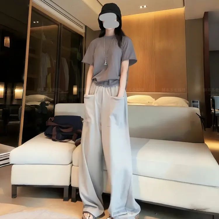 夏季韩版宽松卷边短袖T恤上衣显瘦百搭阔腿裤休闲套装洋气衣服女