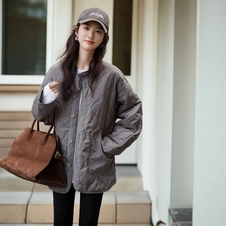 GDAMS商场同款冬季简约灰棉衣外套舒适松弛慵懒拼接口袋棉衣女款