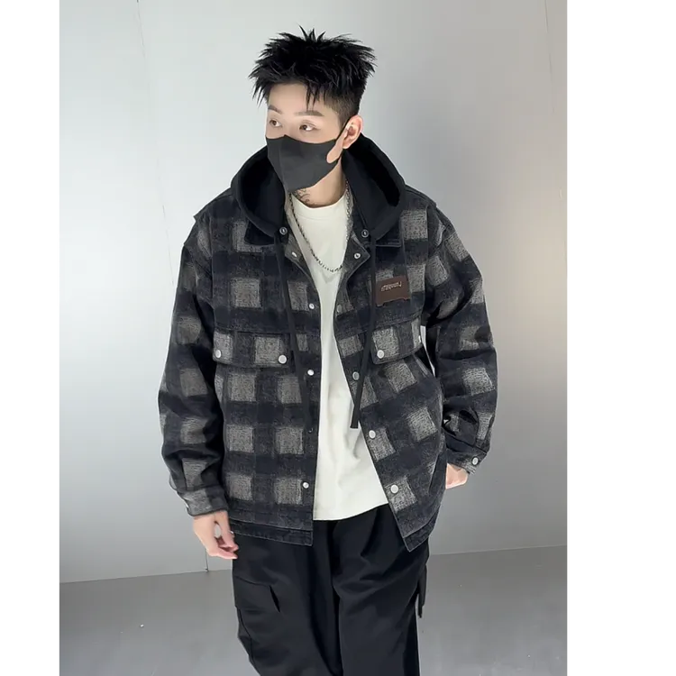 假两件格子牛仔加绒加厚外套男青少年可拆卸帽子潮牌上衣XFSG5890