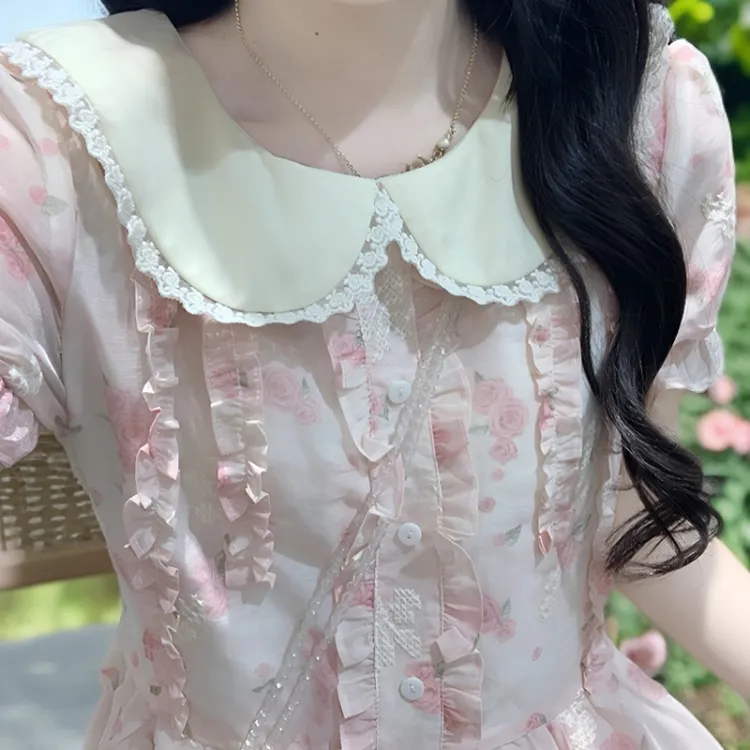 日系蕾丝碎花刺绣甜美樱花粉雪纺减龄连衣裙长裙初恋欧若新中式