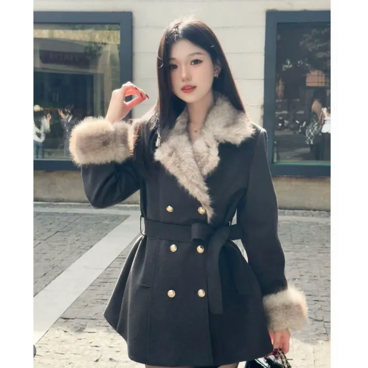 新款韩系大码千金风收腰显瘦高级感毛呢风衣外套